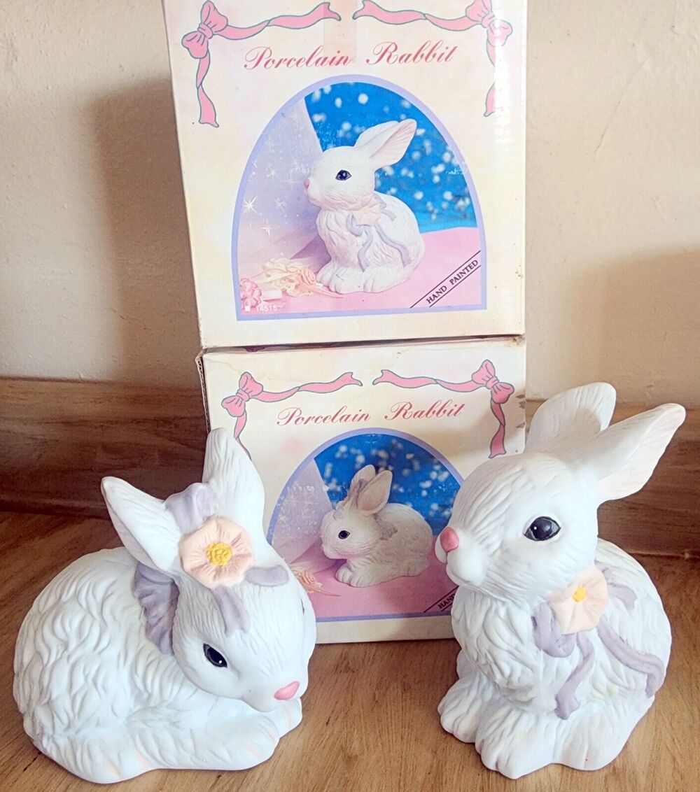 Vintage Floral Bunny Rabbits Set Of 2 Sweet Spring & Easter Décor See Pictures